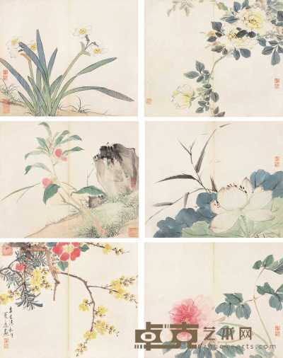 夏之鼎 辛巳（1821年）作 花卉册 册页（十六开选六） 25.8×30.8cm×16